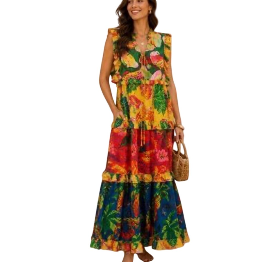 Farm Rio Mixed Tropical Prints Maxi Dress Large Sleeveless Ruffle Tiered